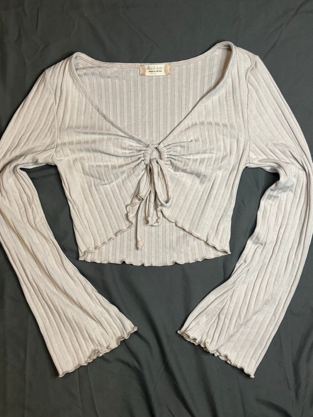 Altar’d State Ribbed Tie Front Crop Top Women’s Small Beige Long Sleeve Y2K